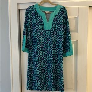 All For Color Turquoise and Blue Patterned Dress L Large